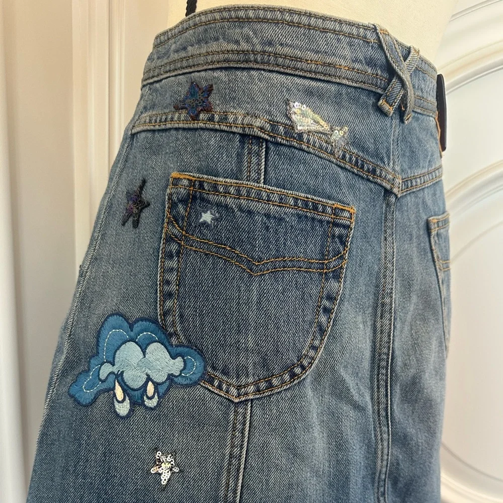 Coach NWOT 100% Cotton Denim Patchwork Button Up Sequin Embroidery Skirt- Size 4 - Picture 8 of 13